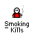 Pixelated character in red shirt with white skull face, performing smoking animation with yellow flame and smoke effects, text below reads "Smoking Kills".