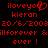 Red pixelated text and symbols on black background, showing 'iloveyou' with heart symbol, 'kieran', date '20/6/2008', 'illforever & ever!' in two