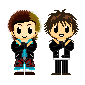 Pixel art character with brown hair and blue jacket in multiple poses including arms crossed, hands clasped, and pointing gestures.