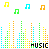 Pixelated music-themed icon with repeating 'MUSIC' text and colorful musical notes above a multicolored audio equalizer pattern.