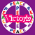 Pixelated circular icon with purple background, white peace symbol outline, and colorful block letters forming the word "Victory" in pink banner.
