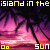 Pixelated beach scene with palm trees, pink and purple sunset sky, yellow text reading 'island in the' at top and 'sun' at bottom.