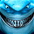 Pixelated blue shark face with wide grin showing teeth, green text 'Original Icons .com' on dark background.