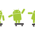 Green pixelated robot on black platform with three distinct poses showing arm positions and partial body angles.