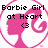 Pixelated pink silhouette of a girl's head and torso with flowing hair, surrounded by a pink circular border containing black text reading 'Barbie Girl at Heart <3' on white background.