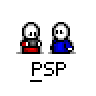 Animated contact sheet of 19 pixel-art frames showing two cartoon characters in blue and red outfits with speech bubbles, performing actions like talking, throwing objects, and reacting to explosions.