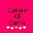 Pixelated text and symbols on a bright pink background with two of four heart icons below the names