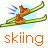 Animated skiing icon with orange boots on green skis, blue motion lines, and