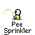 Animated contact sheet of a yellow stick figure performing sequential actions with water spray effects, labeled "Pee Sprinkler" under each frame on gray background.