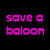 A split-screen image with a black background on the left displaying pink pixelated text and a white background on the right showing a red balloon and gray jacket.