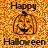 Animated Halloween-themed icon with orange glitter background, smiling pumpkin faces, and text reading 'Happy' above and 'Halloween' below.