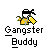 Pixelated icon of a character with black headband, yellow jacket, and green accents holding two golden objects against gray background.