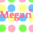 Pixelated icon with pink text 'Megan' over colorful circles on white background.
