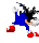 Pixelated character in blue outfit with red shoes and white gloves performs a running motion across against gray background
