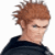 Pixelated character with spiky brown hair and dark clothing against white background, next to black with partial text