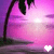 Animated sunset scene with palm tree silhouette, pink and purple sky gradient over water reflection, white heart icon at bottom center.