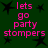 Green background with black star shapes and pink text reading 'lets go party stompers' in two