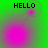 Green background with pink gradient shapes and black text reading HELLO in four quadrants.