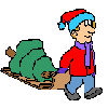 Pixelated cartoon character in red jacket and Santa hat pulls green tree on sled across gray background, changing facial expression and hand position through