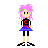 Pixelated character with pink hair and green streaks wears black top, blue skirt, black shorts, white shoes; chest symbol cycles through red C, yellow C, green C, light blue C.