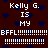 Dark brown background with scattered dark blue hearts, white pixelated text repeating 'Kelly G. IS MY BFFL' and dotted lines.