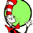 Green cartoon cat wearing red-and-white striped hat and red bow tie, standing against white background with green text reading 'Original Icons .com' on dark green