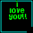 Green pixelated text "I love you!!" on black background with cyan border, four variations showing different corner symbols.