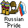Pixel art buddy icon featuring a Russian soldier holding the Russian flag next to onion-domed buildings, with text reading "Russian Pride" and "badassbuddy.com" in red and black.