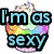 Pixelated cupcake with rainbow-colored frosting and white sprinkles, overlaid with blue text reading "I'm as sexy as a cupcake!" in four