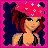 Pixel art contact sheet showing a doll character's outfit components in pink-bordered frames with dark blue backgrounds.