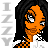 Pixel art contact sheet showing three frames of an animated buddy icon featuring a cartoon character with orange skin, black hair, and checkered clothing alongside repeated "IZZY" text in different colors.