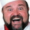 Four identical cropped headshots of a man with dark beard and mustache, wearing white cap and red collar, arranged in showing different facial expressions