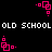 Pixelated pink square shapes animate against a black background with repeated 'OLD SCHOOL' text in white pixelated font.