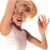 Pixelated image of a person with light brown hair wearing a white top, raising one arm with fingers extended and the other hand near the head.