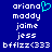 Blue background with white pixelated text listing names and a cyan heart symbol, displayed in two identical