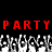 Red pixelated text 'PARTY' repeats twice on black background above grayscale crowd of raised hands.