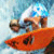 Animated icon shows a surfer riding an orange wave with blue water and white foam, transitioning to bold 'SURF' text on black background.
