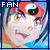 Pixelated anime-style face with red hair, yellow eyes, and a yin-yang symbol on forehead; text "FAN" in top-left corner.