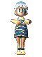 Pixelated character with white hair and blue eyes wears blue dress with colorful stripes, standing against gray background in four poses.