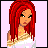 Pixelated character with long red hair and white top on pink background, text elements scattered