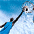 Pixelated figure in blue attire extends arm holding a long black object toward a circular target against a blue gradient background.