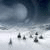 A pixelated static image shows a dark blue sky with a large pale moon above a light gray horizon line, with scattered dark gray shapes below.