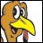 Pixelated cartoon bird with brown feathers, large white eyes with black pupils, a yellow beak, and red wattle against a plain background.