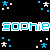 Pixelated blue and white text "sophie sophie" on black background with scattered star-like shapes.