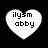 Four heart-shaped icons with pixelated text 'ilysm abby' on black background, each showing slight variations in shape and text rendering.