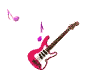 Pink electric guitar with brown neck and white pickguard, surrounded by floating pink musical notes in various positions.
