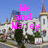 Pixelated image of a white building with red-topped towers and green trees under blue sky, overlaid with pink text reading "Me and Harley Are going to dutch mountain where the AMISH LIVE".