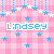 Pixelated pink checkered background with blue and white stars, two instances of the name 'Lindsey' in blue text outlined in white.