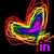 A four-quadrant of pixelated icons featuring a rainbow heart, color blocks, a white heart outline, and nested hearts with text elements