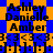 A static digital image with blue and orange pixelated background, displaying repeated text names and emoticons in black blocky font.